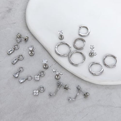 Stainless Steel Stud Earrings Set for Women Hypoallergenic Flat Back Cartilage Earrings Screw Back Huggie Hoop Earrings Multiple Piercing Cubic Zirconia Helix Tragus Jewelry - color: Set-E-Silver
