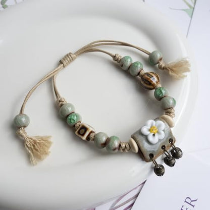 Handcrafted Bohemian Ceramic Flower Bracelet with Leaf Charm, Adjustable Beaded Bracelet for Women, Unique Handmade Jewelry Gift for Nature Lovers - style: Bohemian