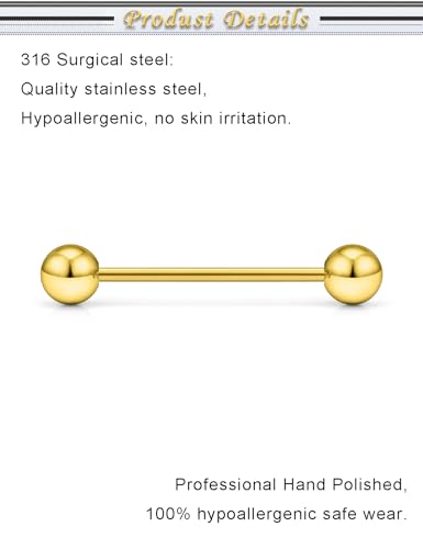 16G 14G Surgical Steel Tongue Rings Nipple Rings Industrial Piercing Jewelry Set Multi Size Straight Barbells 12mm 14mm 16mm 19mm 22mm 28mm 32mm 35mm 38mm 40mm 45mm for Women Men - color: goldtone, size: 16g,bar length 19mm