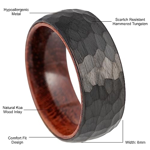 8mm Tungsten Carbide Genuine Natural Koa Wood Inner Inlay Ring Black/Gold/Silver/Rose Gold Wedding Band Hammered Textured Flat Style Comfort Fit Gift Box Included - color: Hammered Black Tungsten