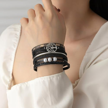 Rantanto Leather Wrap Bracelets For Women Gold Twist Lock Buckle Wrist Cuff | PU leather,Skin-friendly,Boho Stackable Wristband,Fashion Daily Jewelry,Trend Casual Party Bangle,Fit For Birthday, Holiday - color: Tree Life Black
