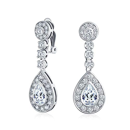 Bling Jewelry Statement Teardrop Cubic Zirconia AAA CZ Dangle Chandelier Screw Clip On Earrings For Women Silver Plated More Colors - color: Clear