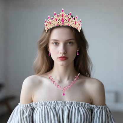 Crystal Crown and Tiara Jewelry Set for Women Bride with Necklace Earrings | Metal Rhinestone Royal Queen Princess Jewelry Set Wedding Quinceanera Pageant Prom Birthday Halloween Party Costume Gift - color: Style E-Hot Pink