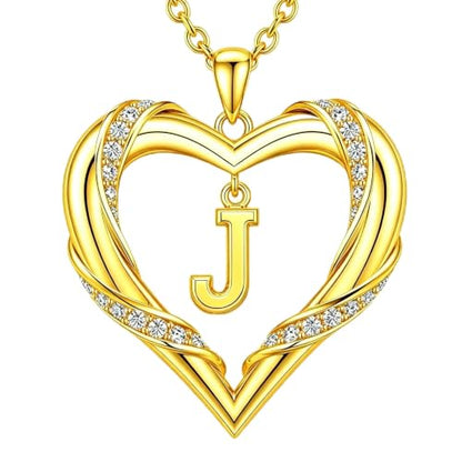 Midari 18K Gold Initial Letter Necklace for Women 18K Gold Initial Heart Capital Monogram Necklace for Mom Wife Alphabets from A-Z - color: J