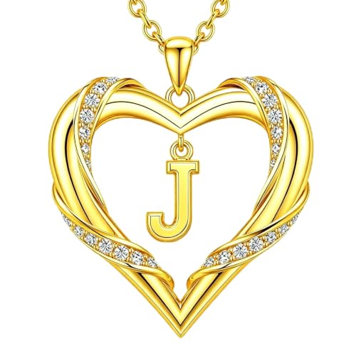 Midari 18K Gold Initial Letter Necklace for Women 18K Gold Initial Heart Capital Monogram Necklace for Mom Wife Alphabets from A-Z - color: J