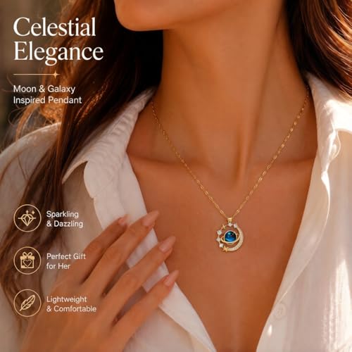 1PC Moon Gemstone Pendant Necklace, Sun-Inspired Design – Elegant Night Sky Jewelry for Women, Gold-Tone Necklace for Various Occasions (Star)