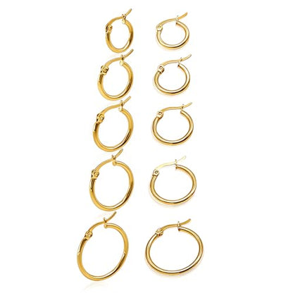 5 Pairs Silver Gold Small Hoop Earrings for Women Surgical Steel Huggie Set | 10 12 14 16 20 mm, Lightweight, Hypoallergenic, 14K Gold Plated 316L Stainless Steel Jewelry, Multiple Piercing - color: Gold/5 Pairs