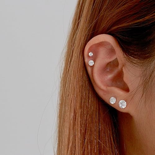 Stainless Steel Stud and Hoop Earrings Sets for Ear Stacks | Choose gold or silver pearl studs, CZ studs, flat backs, butterfly backs, hoops and multi-pair ear stack sets. - color: 5 Pairs Silver-Flat Back