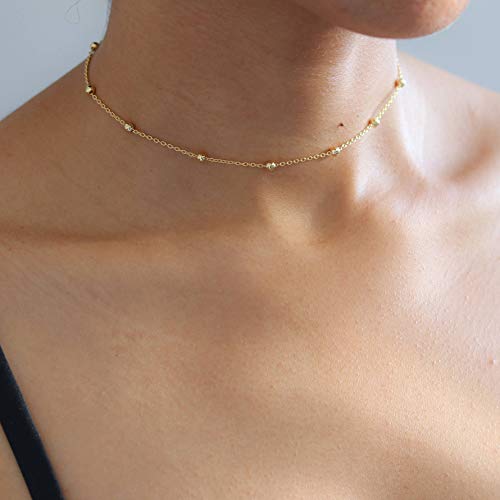 MEVECCO Dainty Choker Necklaces for Women, Beaded and Multi-Row Chains | 14K Gold Plated Brass, Select Silver Plated Brass Options, Polished And Textured Profiles For Everyday Styling - style: Beaded GD