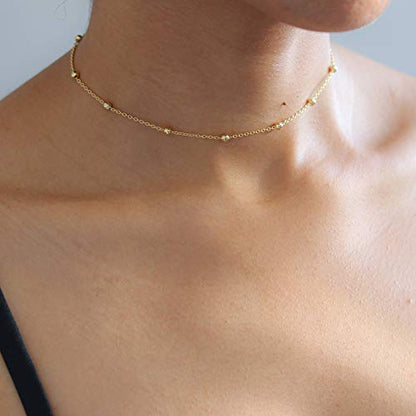 MEVECCO Dainty Choker Necklaces for Women, Beaded and Multi-Row Chains | 14K Gold Plated Brass, Select Silver Plated Brass Options, Polished And Textured Profiles For Everyday Styling - style: Beaded GD