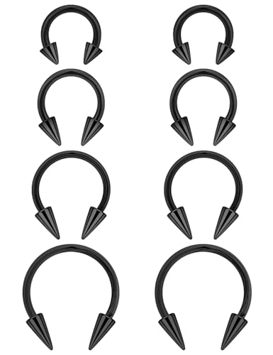 Long Spike Septum Rings 16G Surgical Steel Snake Bite Jewelry Lip Rings Smiley Piercing Jewelry for Women Men 6mm/8mm/10mm/12mm - color: black,8pcs,16g,Dia.6-12mm
