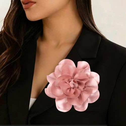 Large Rose Flower Brooches Chiffon Camellia Brooch Lapel Pins Hair Clips Hat Pins for Women Wedding Banquet Accessories Large Satin Flowers 5.5in - color: Pink 3