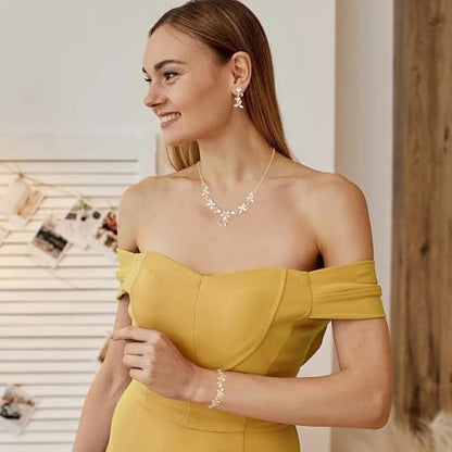 Crysdue Flower Leaf Wedding Jewelry Set for Bridal Bridemaid, Cubic Zirconia Teardrop Elegant Silver/14K/Rose Gold Plated Vine Necklace Dangle Earrings for Prom Party - style: B_Three Set Gold Tone