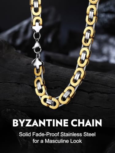 Bandmax Stainless Steel Byzantine Chain Necklace for Men Two Tone Black Gold Heavy Duty Motorcycle Biker Link Chains, 6MM/8MM/10MM Width, 18 Inch-30 Inch Length, Men's Fashion Jewelry Gift - color: 03 Silver&Gold Tone