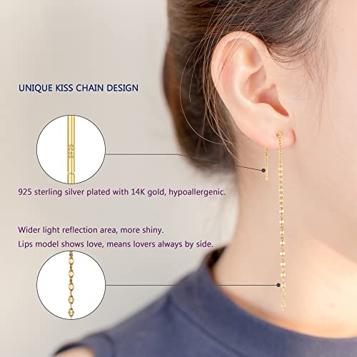 Long Chain Drop Earrings for Women, 925 Sterling Silver, Dainty Dangling Elegant Earrings for Daily Wear, Gift for Her - color: 4.4" Kiss Chain Gold