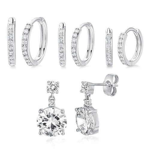 White Gold Earrings for Women Men Hoop and Stud Earring Set | Hypoallergenic 14K White Gold Plated Hoops Huggie Stud Earrings Set Round Cubic Zirconia Ear Jewelry - style: A6-White Gold-Hoop&Round Dangle Stud (4 Pairs)