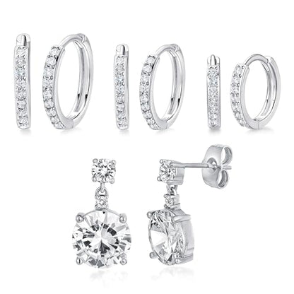 White Gold Earrings for Women Men Hoop and Stud Earring Set | Hypoallergenic 14K White Gold Plated Hoops Huggie Stud Earrings Set Round Cubic Zirconia Ear Jewelry - style: A6-White Gold-Hoop&Round Dangle Stud (4 Pairs)