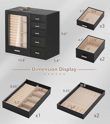 Homde Large Jewelry Box/Organizer/Case with Glass Window, Drawers for Necklaces Earrings Rings Bracelets Watches Gift for Women Girls - color: Black