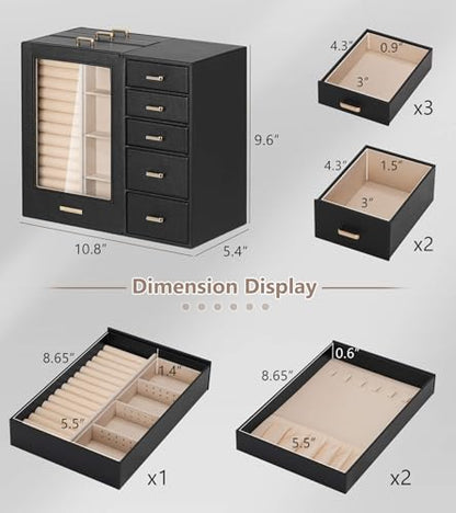 Homde Large Jewelry Box/Organizer/Case with Glass Window, Drawers for Necklaces Earrings Rings Bracelets Watches Gift for Women Girls - color: Black