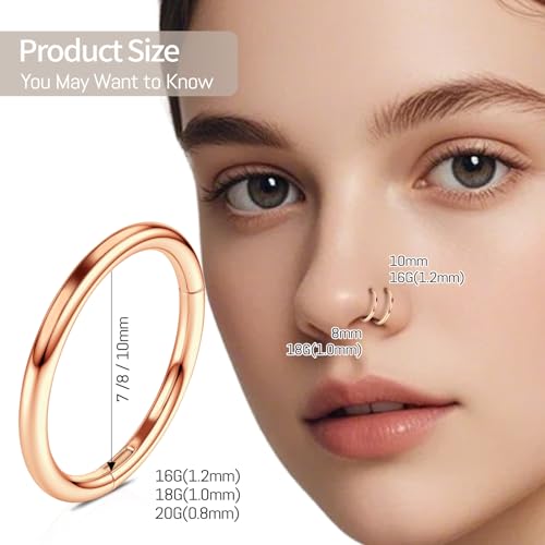 WBRWP 2Pcs Titanium Nose Rings for Women Hypoallergenic Double Hoop | Cartilage Earrings Conch Tragus Rook Piercing Jewelry 16G 18G 20G 7MM 8MM 10MM - color: Rose Gold, size: 16g 7mm