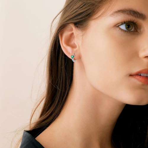 Bestyle 925 Sterling Silver Huggie Hoop Earrings Small Birthstone Hoop Earrings for Women Hypoallergenic Silver Huggie Earring,Great Birthday Earrings Gift for Daughter Wife Mom - color: 05-Green Emerald-Hoop