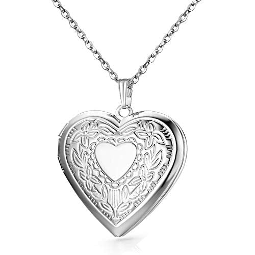 YOUFENG Oval Round Flower Locket Necklace that Holds Pictures Photo Locket Pendant - style: Heart Silver-plated