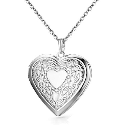 YOUFENG Oval Round Flower Locket Necklace that Holds Pictures Photo Locket Pendant - style: Heart Silver-plated