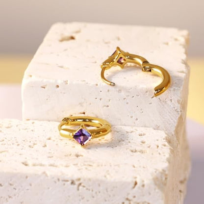316L Surgical Steel Birthstone Hoop Earrings for Women | Lightweight, 5A Cubic Zirconia, Hypoallergenic, Lead & Nickel Free, 8mm Huggie Hoops - color: 18k gold-plated: 02. February (Amethyst)