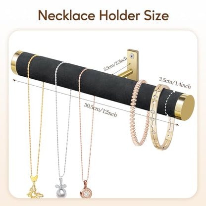 Velvet Necklace Holder Wall Jewelry Organizer, 12" Hanging Necklace Organizer, 2 Pack Wall Mounted Necklace Hanger for Bracelets Bangles Display,Black - color: Black