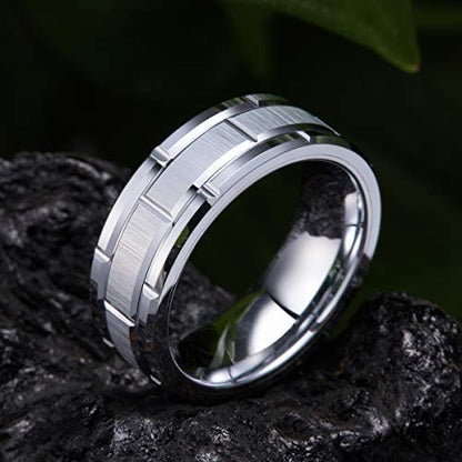 King Will Classic Mens 、Tungsten Carbide Rings Brick Pattern Groove Center | Silver/Black/Gold/Rose Gold, 8mm, Grooved, Comfort Fit, Brick pattern, Everyday Wear - color: A-Silver