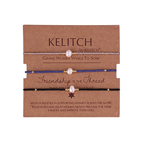 KELITCH 3 PCS Natural Pearls Bracelets Women Strand Thin Rope Friendship Bracelets Handmade Stack Charm Bracelets - color: Blue Black Grey 02H