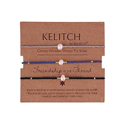 KELITCH 3 PCS Natural Pearls Bracelets Women Strand Thin Rope Friendship Bracelets Handmade Stack Charm Bracelets - color: Blue Black Grey 02H