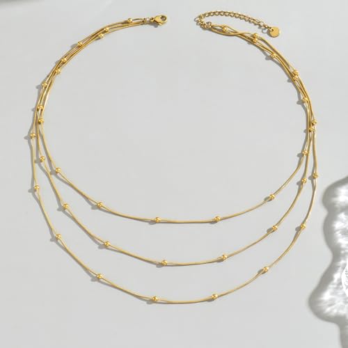 18K Gold Plated Layered Herringbone Necklaces for Women Dainty Layering Beaded Snake Chain Choker Moon Coin Pendant Necklace Trendy Stainless Steel Jewelry - color: Trible Round Bead-Gold