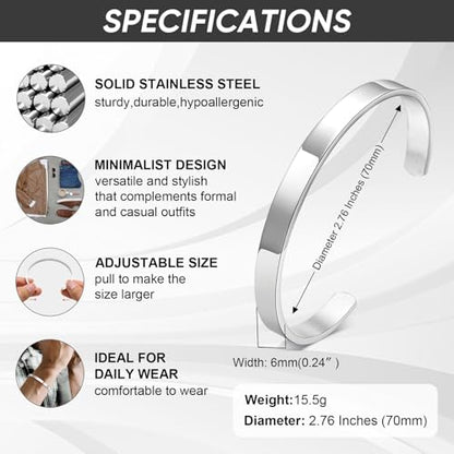 Stainless Steel Mens Cuff Bracelet : Minimal Cool Silver/Black/Gold Plated Open Metal Cuff Bangle Bracelets for Men,Mens Bracelet Jewelry Gift - color: Silver-Single, size: Large( fit 7" to 8.5" wrist)