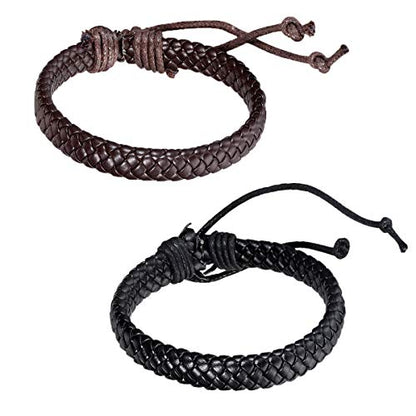 Flongo 2PCS Men's Womens Braided Black & Brown Leather Rope Woven Wrap Surfer Cuff Bracelets Set, Fit 7.6-10.6 inch Wrist