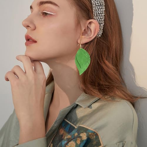 Genuine Leather Handmade Fringe Feather Lightweight Dangle Drop Earrings Teardrop Tassel Hook Earrings for Women - style: 6 Bright Green