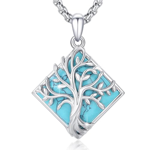 S925 Sterling Silver Tree of Life Necklace For Men Women Abalone/Turquoise/Vintage Retro Oxidation/ Famtima Hand/Round/Square/Teardrop/Rectangle/Oval Family Tree Pendant Necklaces Jewelry Gifts For Valentine's Day Christmas Mother's Day - style: Square Tu