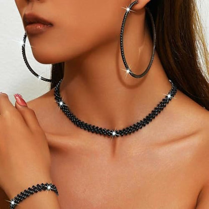 Black Jewelry Sets Rhinestone Necklace Hoop Earrings Bracelet Set Prom Formal Sparkly Costume Jewelry Sets for Women - color: Black