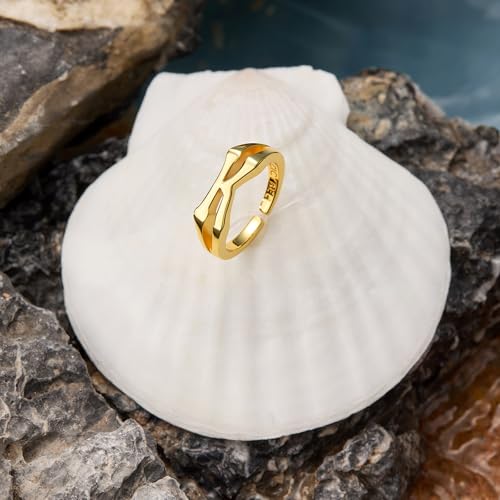 Cicy Bell Initial Rings for Women 18k Gold Plated Adjustable Rings | Open Signet Rings, Bold Letter, Personalized Engraved, For Party - color: Initial-K
