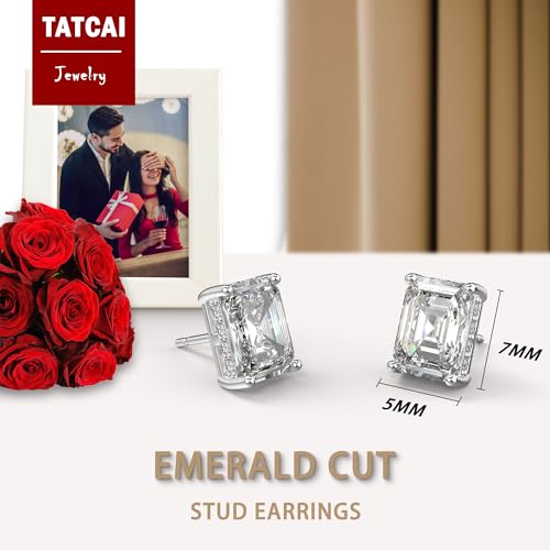 18K White Gold Plated Sterling Silver Emerald Cut Cubic Zirconia Stud Earrings Clear CZ Diamond Stud Earrings for Women Men Hypoallergenic - color: White Gold, size: 5MM*7MM