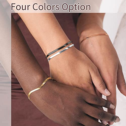 ChainsHouse Stainless Steel Herringbone Flat Chain Bracelets for Women,18K Gold/Rose Gold/Black Metal Paperclip/Snake/Cuban/Figaro Sterling Silver Link Charm Bracelet, 16+5cm Adjustable, With Gift Box - color: e. herringbone-stainless-6mm