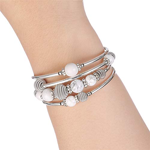 PEARL&CLUB Beaded Chakra Bangle Turquoise Bracelet - Fashion Jewelry Wrap Bracelet with Thick Silver Metal and Mala Beads, Birthday Gifts For Women - color: Howlite