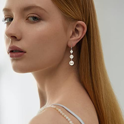 925 Sterling Silver Pearl Drop Earrings for Women, June Birthstone Long Dangle Pearl Jewelry Gifts for Her - color: 6-10mm Silver