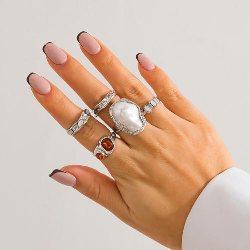 Chunky Baroque Pearl Knuckle Rings Set,Charming Dainty Crystal Pearl Personalized Joint Ring,Vintage Plated Gold Flower Midi Rings Set for Women