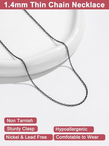 FOCALOOK Womens Chain Necklace, 1/1.4/2mm Thin Cable Link Necklace Chain | Hypoallergenic 316L Stainless Steel, Non Tarnish, Sturdy Chain for Pendants, 14K Gold Plated/Silver/Rose Gold/Black, 14-30" - color: 1.4mm Black, size: 16 Inch