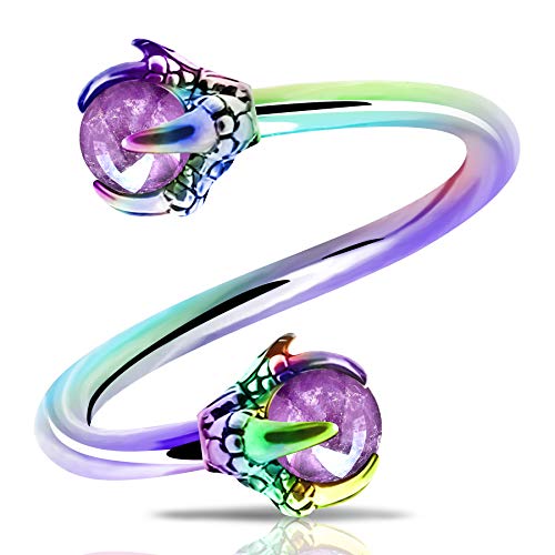 OUFER Twist Helix Earring 316L Stainless Steel Dragon Claw with Opalite Center 16G Twist Lip Labret Cartilage Upper Lobe Piercing Jewelry - color: Rainbow Amethyst