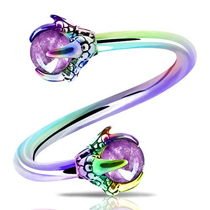 OUFER Twist Helix Earring 316L Stainless Steel Dragon Claw with Opalite Center 16G Twist Lip Labret Cartilage Upper Lobe Piercing Jewelry - color: Rainbow Amethyst