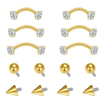 AVYRING 16g Rook Piercing Jewelry Gold Silver Eyebrow Rings Curved Barbell Daith Earrings for Women Horseshoe Septum Hoop Helix Earrings Surgical Steel Belly Button Rings Vertical Labret Lip Jewelry - style: A- Gold -Internal Thread