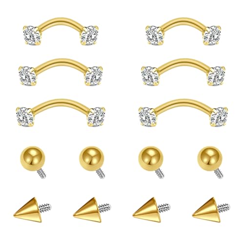 AVYRING 16g Rook Piercing Jewelry Gold Silver Eyebrow Rings Curved Barbell Daith Earrings for Women Horseshoe Septum Hoop Helix Earrings Surgical Steel Belly Button Rings Vertical Labret Lip Jewelry - style: A- Gold -Internal Thread