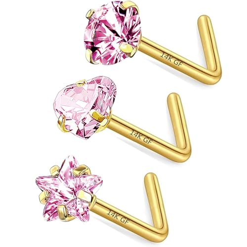3 Pcs 14K Gold Filled Nose Studs 20G Stainless Steel Stud Nose Ring 2mm/2.5mm/3mm Round CZ L Bend Nose Stud Hypoallergenic Nose Piercing - color: pink L